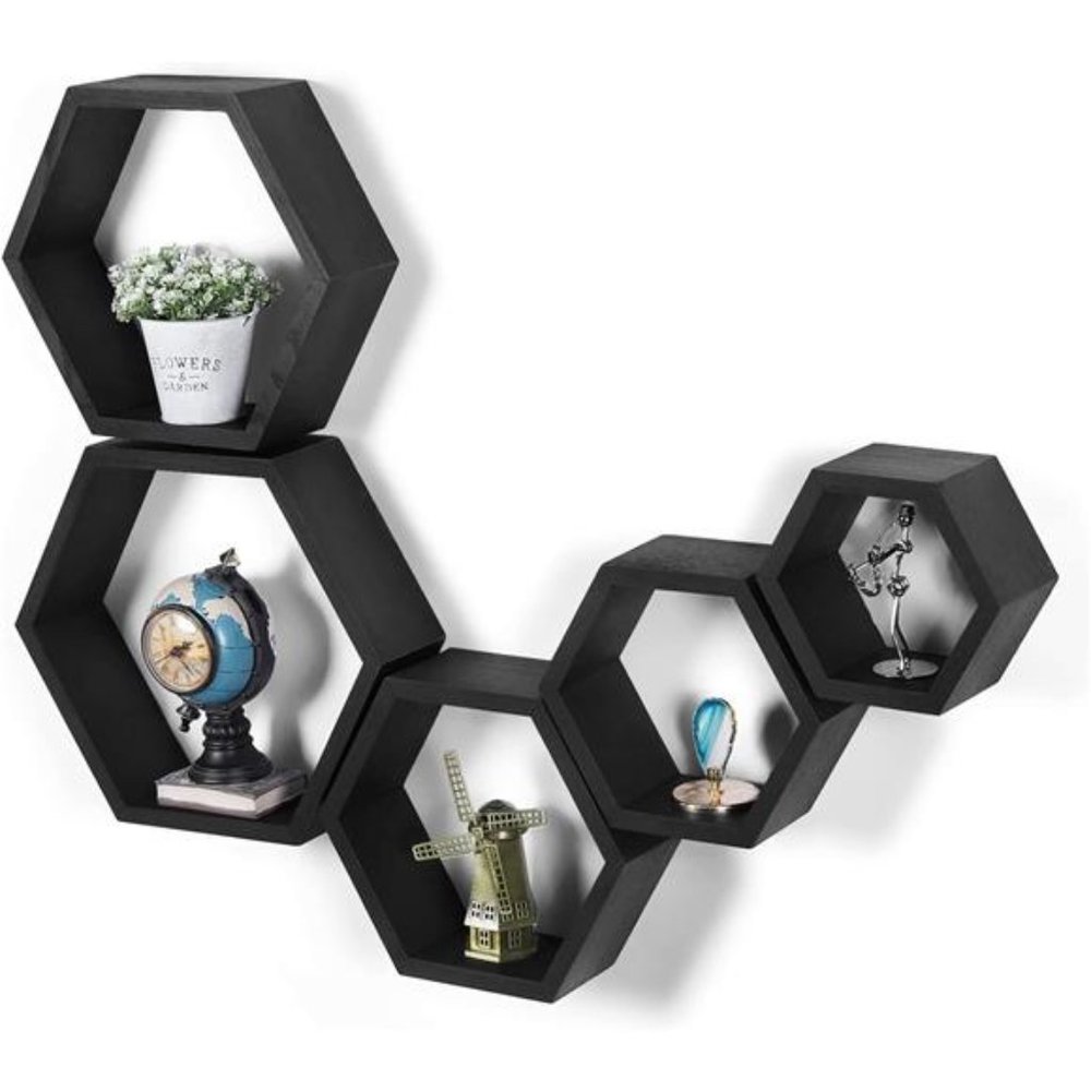 Hexagonal Floating Shelves Wall Mounted, Set of 5, Driftwood Finish